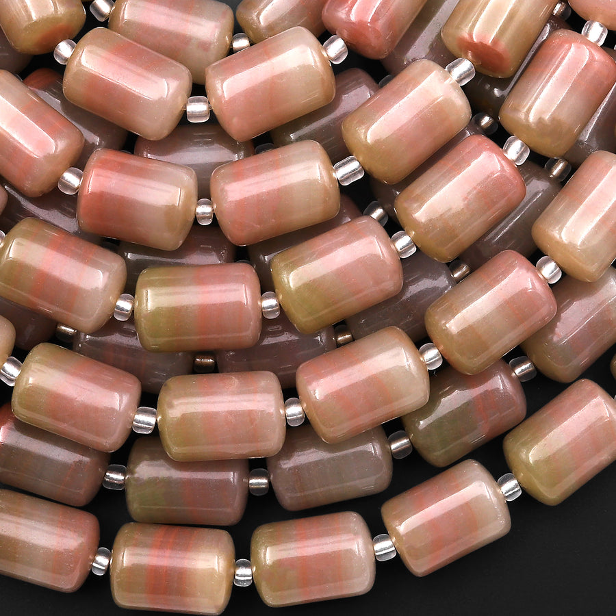 From Afghanistan Natural Dusty Pink Moss Green Jade Smooth Tube Cylinder Gemstone Beads 14x10mm 15.5" Strand