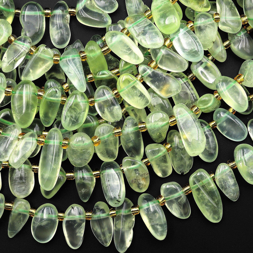 Natural Green Prehnite Freeform Oval Pebble Nugget Beads Top Side Drilled Gemstone 15.5" Strand