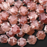 AAA Faceted Natural Strawberry Quartz Geometric Hexagon Coin 12mm Gemstone 15.5" Strand