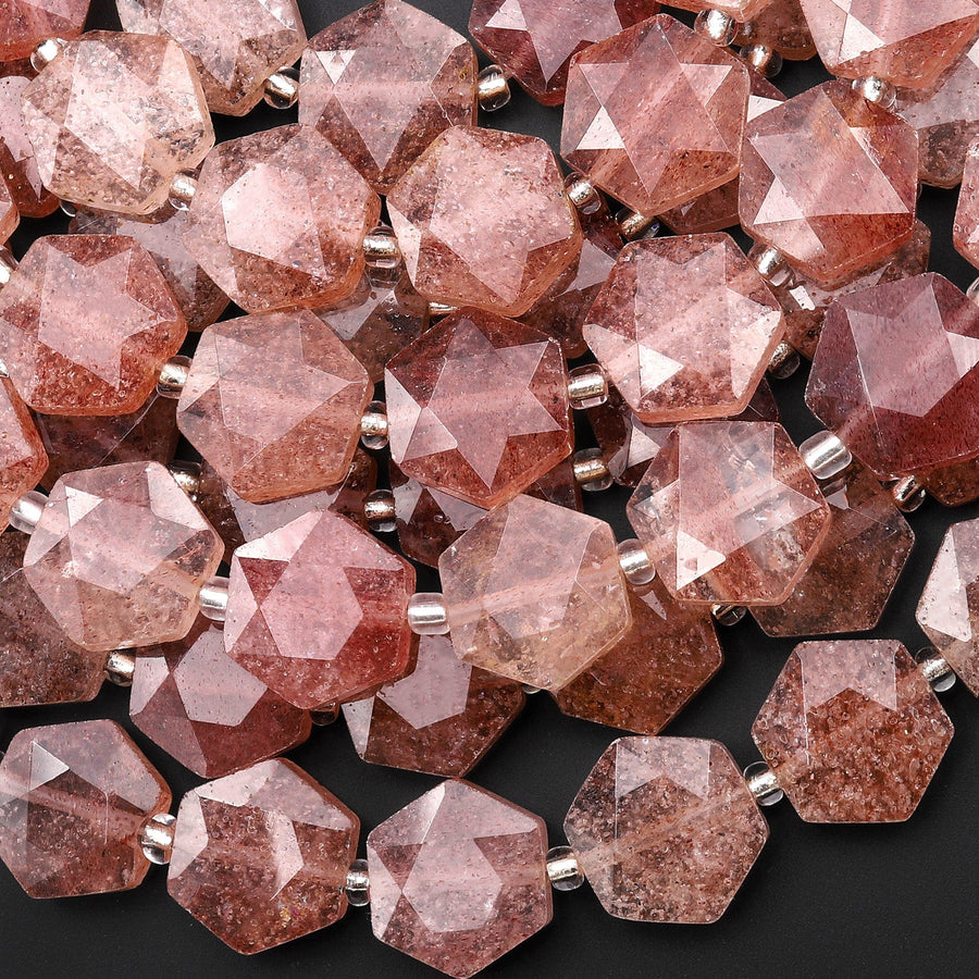 AAA Faceted Natural Strawberry Quartz Geometric Hexagon Coin 12mm Gemstone 15.5" Strand