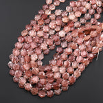 AAA Faceted Natural Strawberry Quartz Geometric Hexagon Coin 12mm Gemstone 15.5" Strand