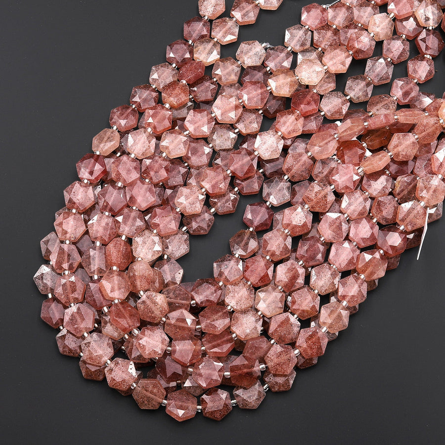 AAA Faceted Natural Strawberry Quartz Geometric Hexagon Coin 12mm Gemstone 15.5" Strand