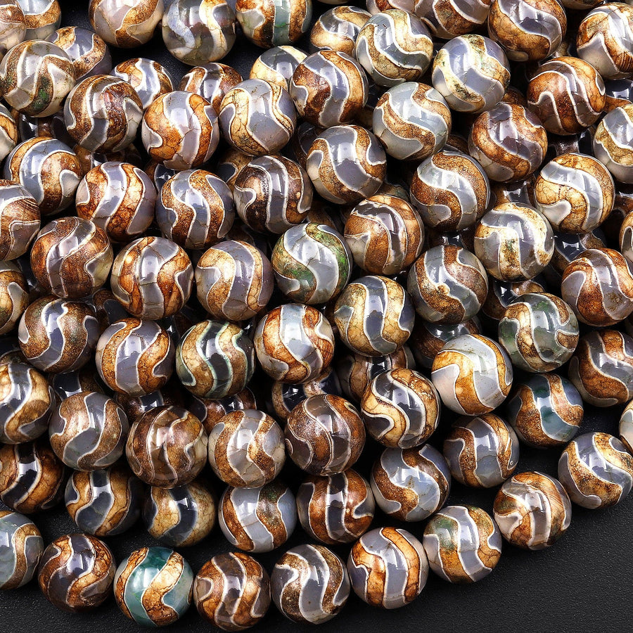 Tibetan Agate 8mm 10mm Round Beads Dzi Agate Green Brown Etched Wavy Line Mala Antique Boho Style 15.5" Strand