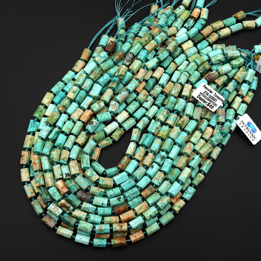 Rare Natural Peruvian Turquoise Tube Beads Faceted Cylinder Gemstone 15.5" Strand