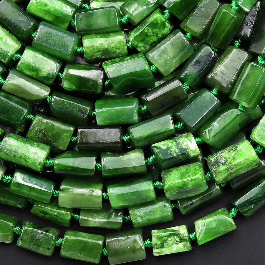 Natural Canadian Green Jade Tube Beads Gemstone 15.5" Strand
