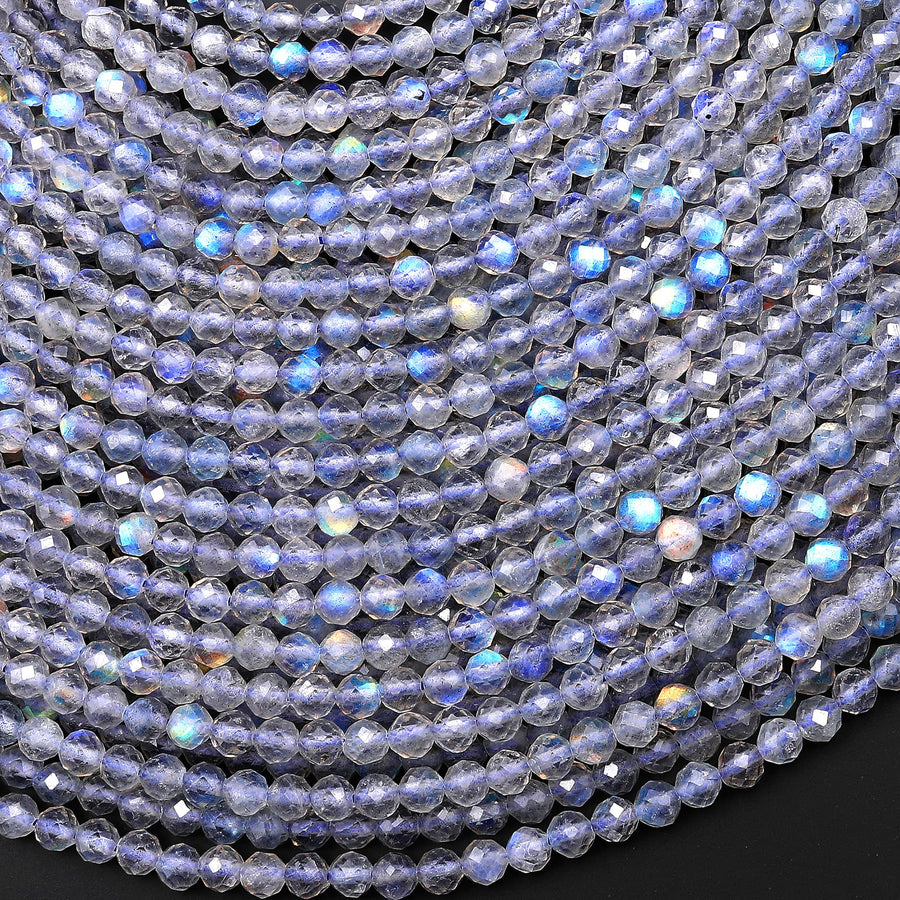 AAA Micro Faceted Natural Blue Labradorite 2mm 3mm 4mm Round Beads 15.5" Strand