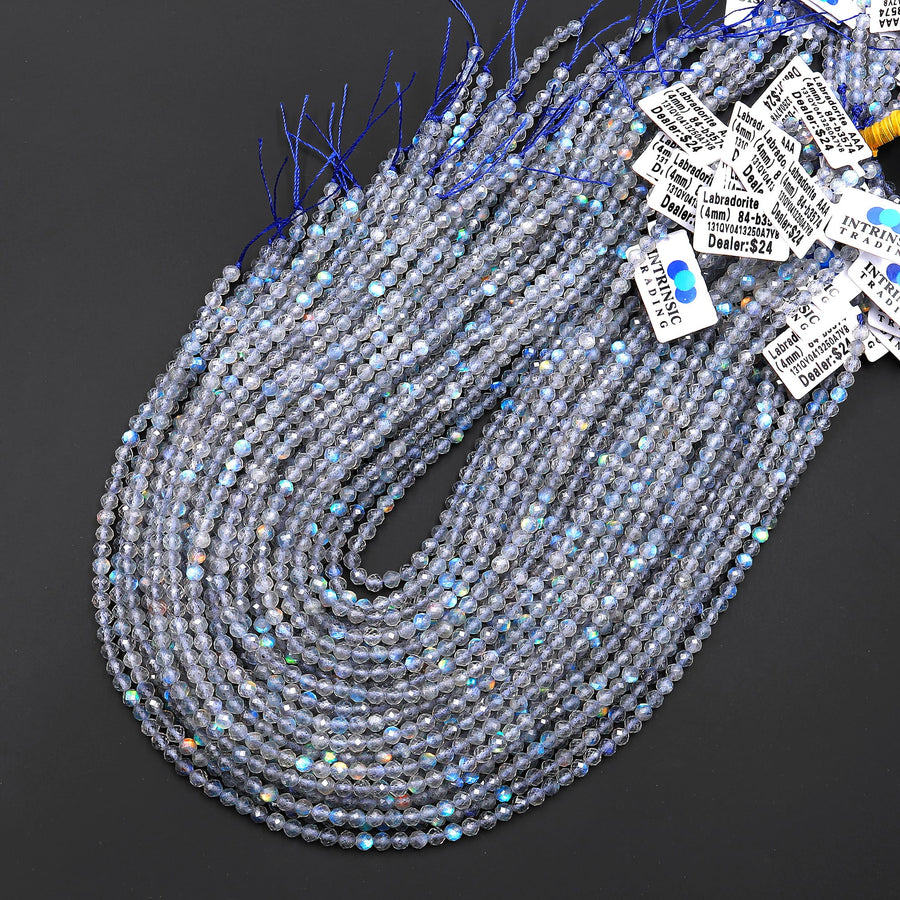 AAA Micro Faceted Natural Blue Labradorite 2mm 3mm 4mm Round Beads 15.5" Strand
