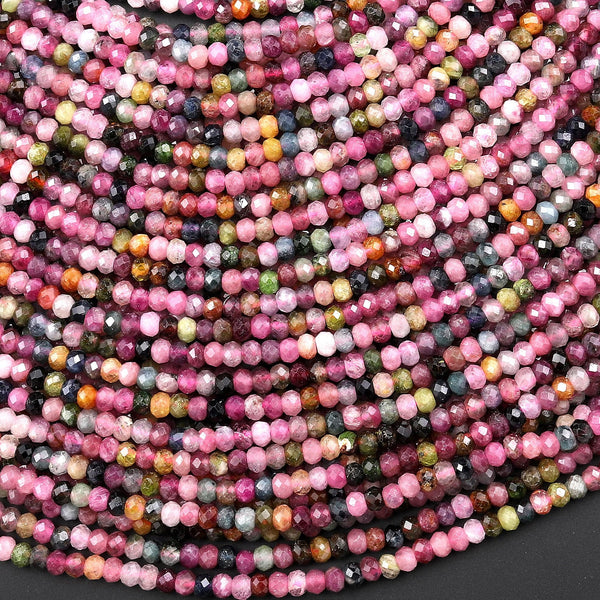 Natural Multicolor Watermelon Tourmaline Micro Faceted 3mm 4mm Rondelle Beads Pink Green Gemstone 15.5" Strand