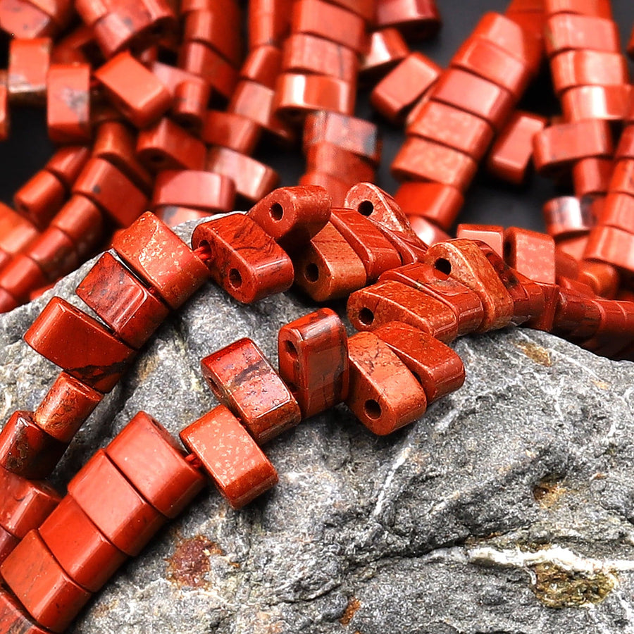 Two 2 Hole Double Drill Natural Red Jasper 5x3mm Small Flat Connector Spacer Tile Tube Beads 15.5" Strand