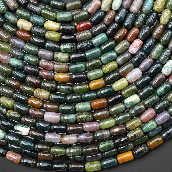 Natural Indian Agate 7x4mm Rice Barrel Tube Beads Aka Green Red Bloodstone 15" Strand