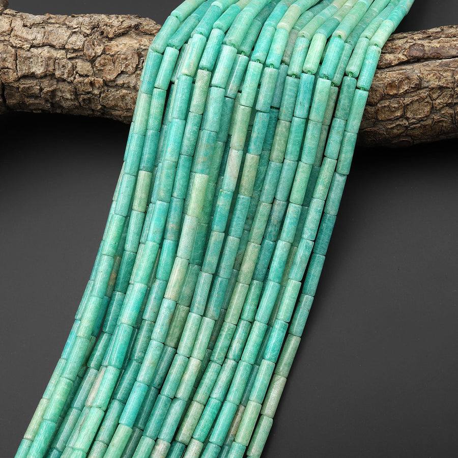 Natural Aqua Blue Green Amazonite Thin Long Tube Beads 15.5" Strand