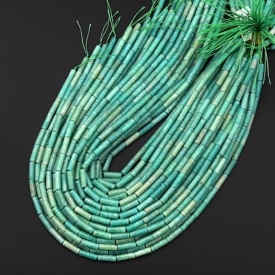 Natural Aqua Blue Green Amazonite Thin Long Tube Beads 15.5" Strand
