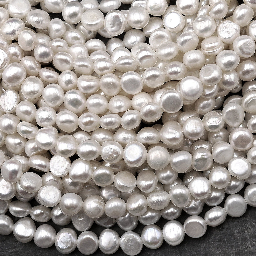 AAA Genuine Natural White Freshwater Pearl 6mm 8mm Center Drilled Nugget Button Pearl 14.5" Strand
