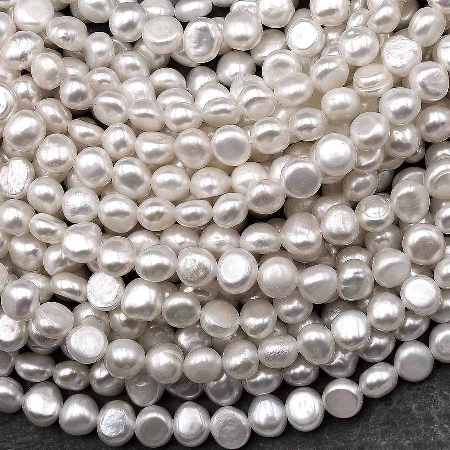 AAA Genuine Natural White Freshwater Pearl 6mm 8mm Center Drilled Nugget Button Pearl 14.5" Strand