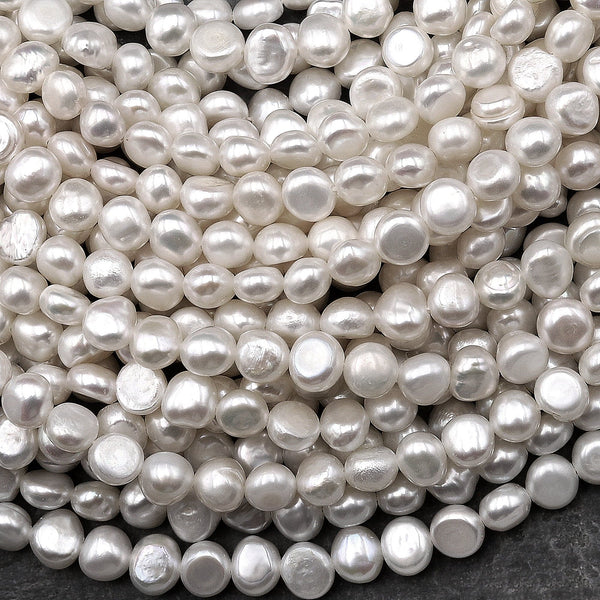 AAA Genuine Natural White Freshwater Pearl 6mm 8mm Center Drilled Nugget Button Pearl 14.5" Strand