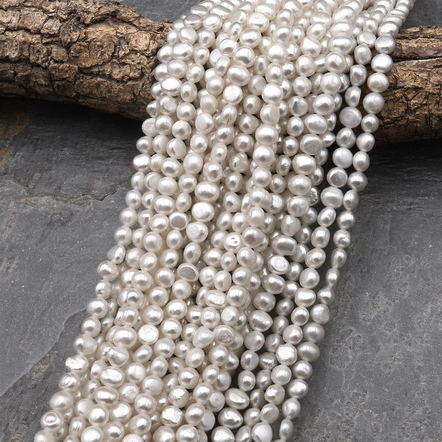 AAA Genuine Natural White Freshwater Pearl 6mm 8mm Center Drilled Nugget Button Pearl 14.5" Strand