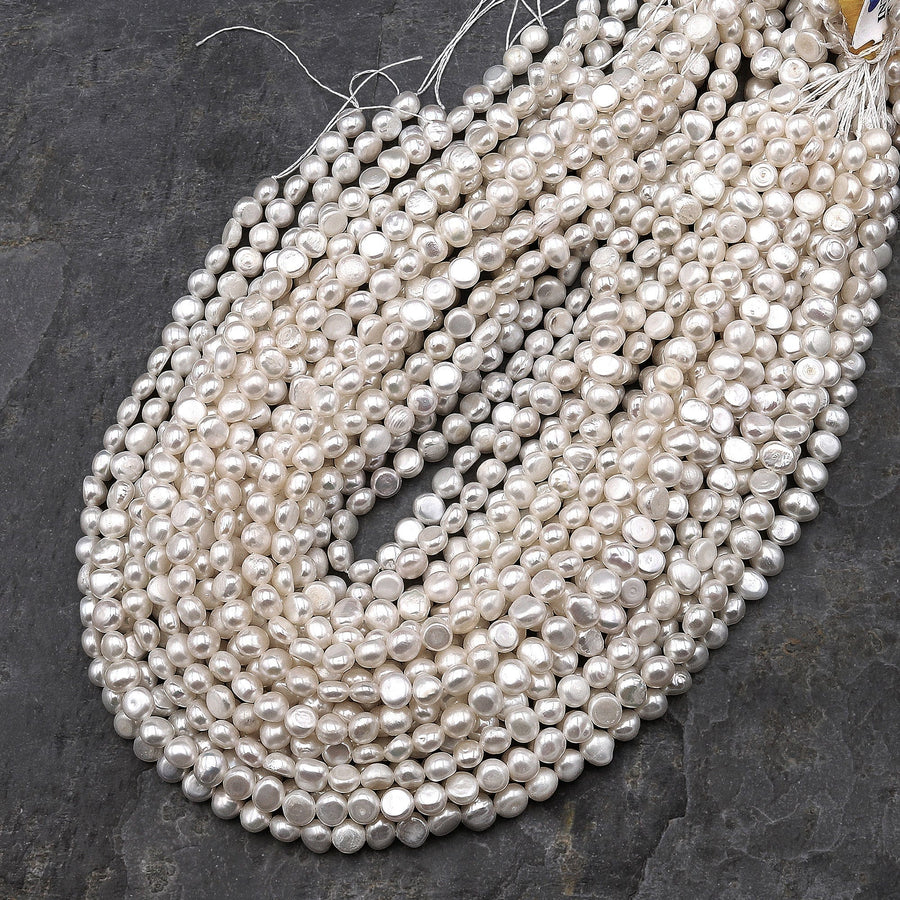 AAA Genuine Natural White Freshwater Pearl 6mm 8mm Center Drilled Nugget Button Pearl 14.5" Strand