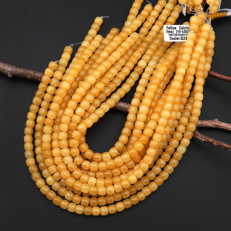 Natural Golden Honey Yellow Calcite 8mm Rounded Barrel Beads 15.5" Strand