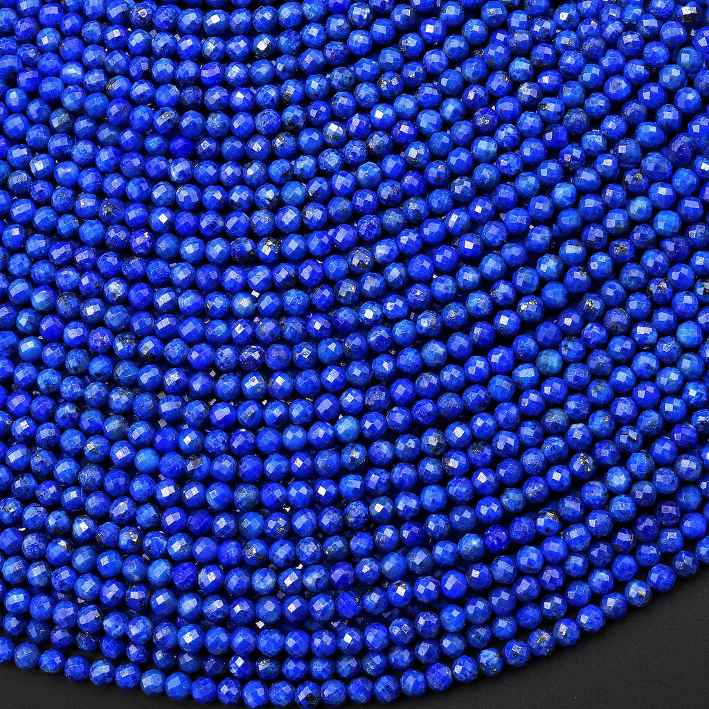 AAA Micro Faceted Natural Denim Blue Lapis Lazuli Round Beads 2mm 3mm Diamond Cut Gemstone 15.5" Strand