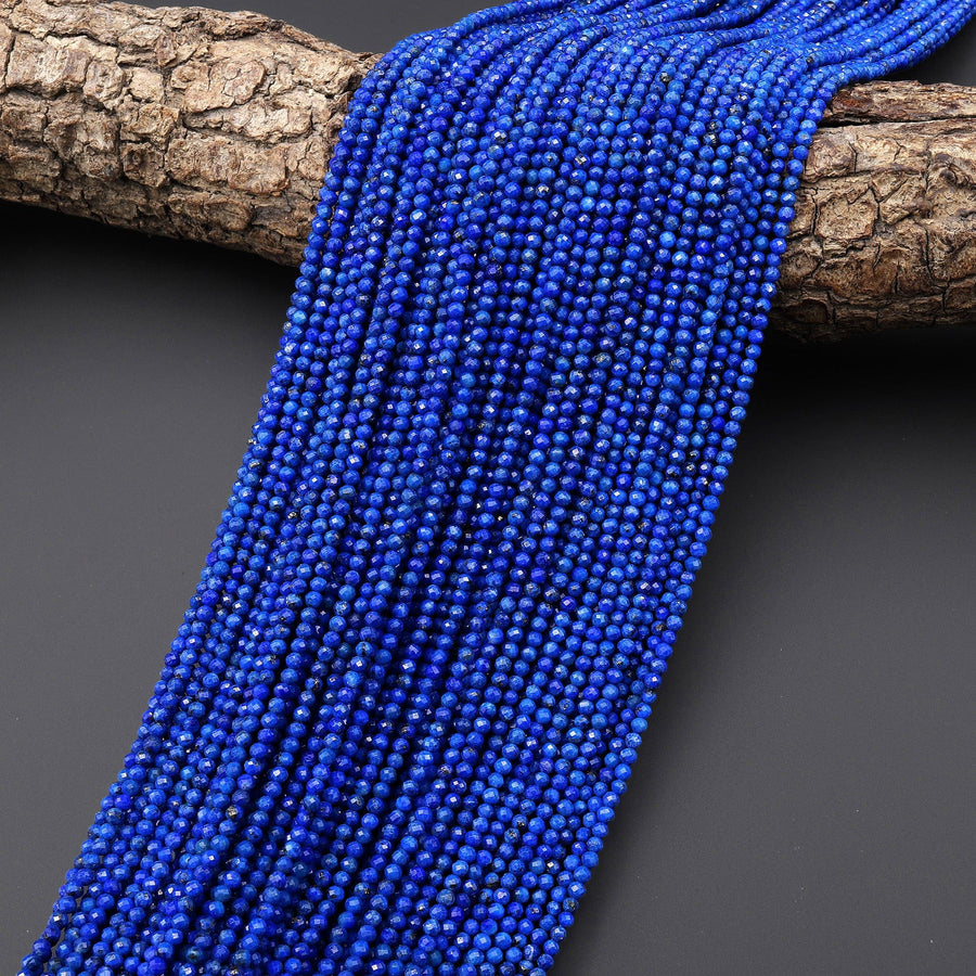 AAA Micro Faceted Natural Denim Blue Lapis Lazuli Round Beads 2mm 3mm Diamond Cut Gemstone 15.5" Strand