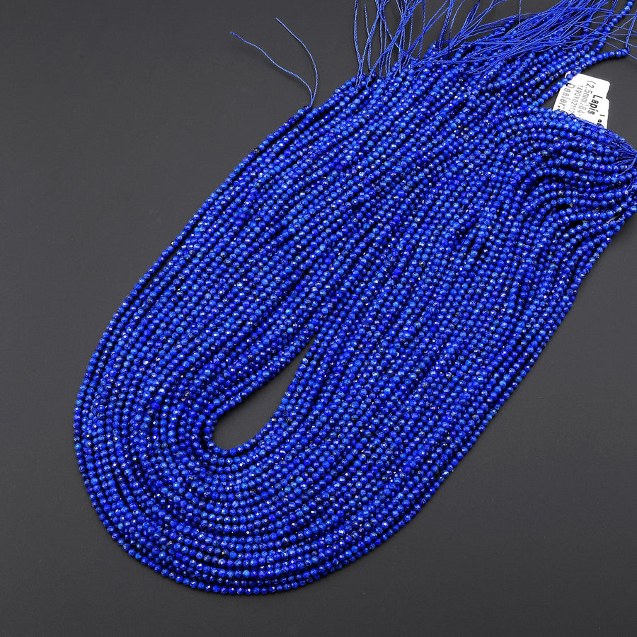 AAA Micro Faceted Natural Denim Blue Lapis Lazuli Round Beads 2mm 3mm Diamond Cut Gemstone 15.5" Strand