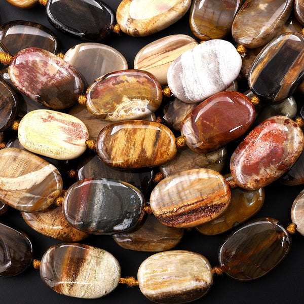 AAA Natural Petrified Wood Beads Smooth Oval Nuggets Earthy Golden Brown Tan Beige Yellow Red Natural Stone 15.5" Strand