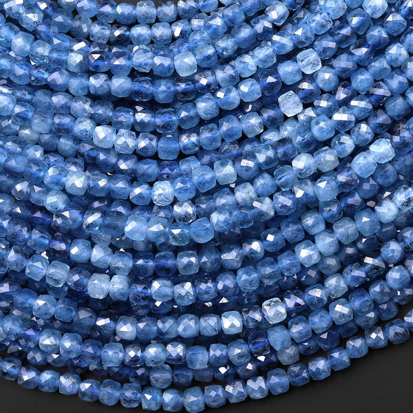 AAA Translucent Natural Santa Maria Blue Aquamarine Faceted 4mm Cube Dice Beads Birthstone Gemstone 15.5" Strand