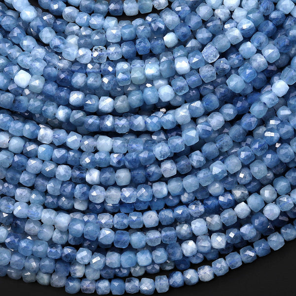 Faceted Natural Blue Aquamarine 4mm Cube Beads Translucent Birthstone Gemstone 15.5" Strand