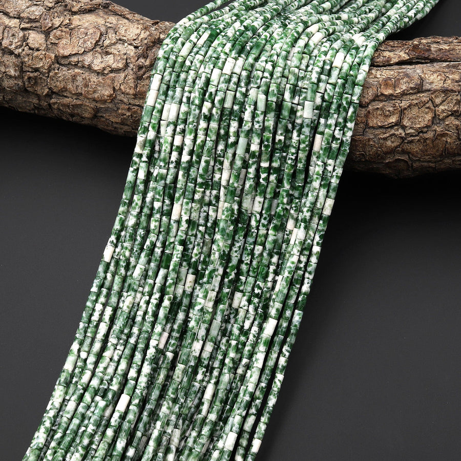 Natural Green Tree Agate 4x2mm Small Thin Smooth Spacer Tube Beads 15.5" Strand