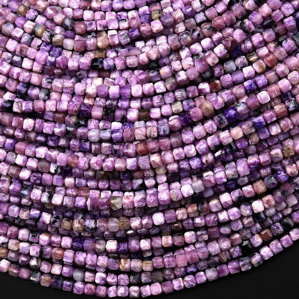 Faceted Genuine Natural Russian Purple Charoite 3mm Cube Beads Gemstone 15.5" Strand