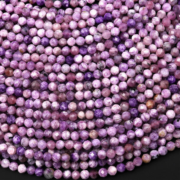Faceted Genuine Natural Russian Purple Charoite 3mm 4mm Round Beads Gemstone 15.5" Strand