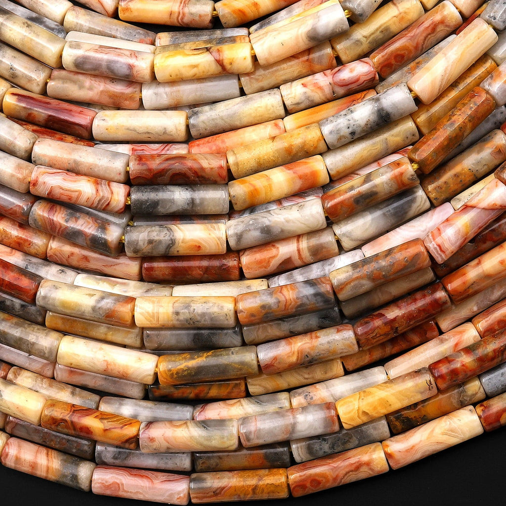 Natural Yellow Crazy Lace Agate Thin Long Tube Beads 14mm 15.5" Strand