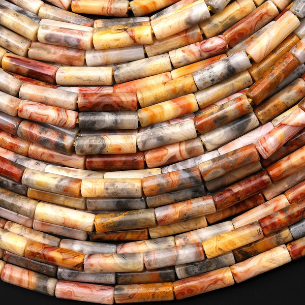 Natural Yellow Crazy Lace Agate Thin Long Tube Beads 14mm 15.5" Strand