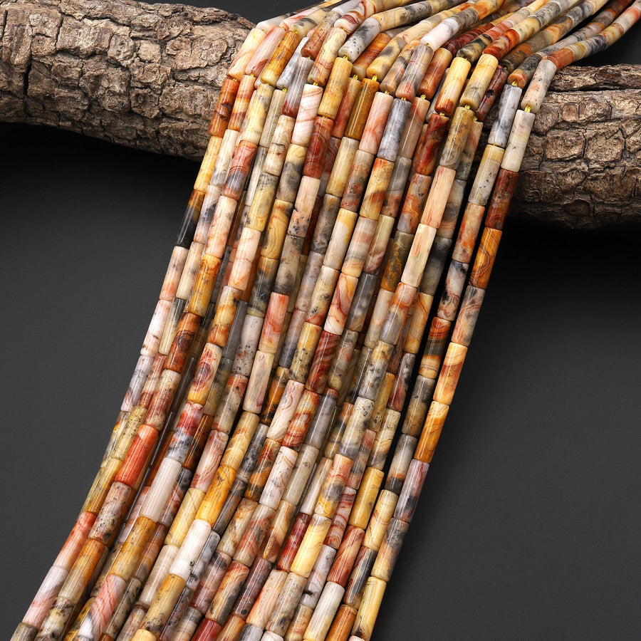 Natural Yellow Crazy Lace Agate Thin Long Tube Beads 14mm 15.5" Strand