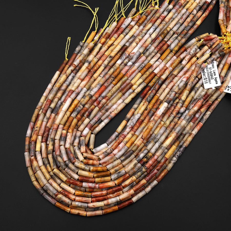 Natural Yellow Crazy Lace Agate Thin Long Tube Beads 14mm 15.5" Strand