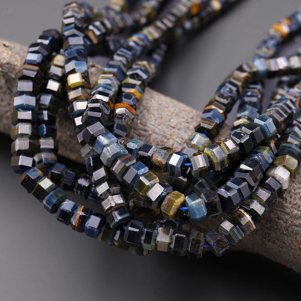 AAA Faceted Natural Blue Tiger's Eye Beads 6mm hexagon Heishi Rondelle 15.5" Strand