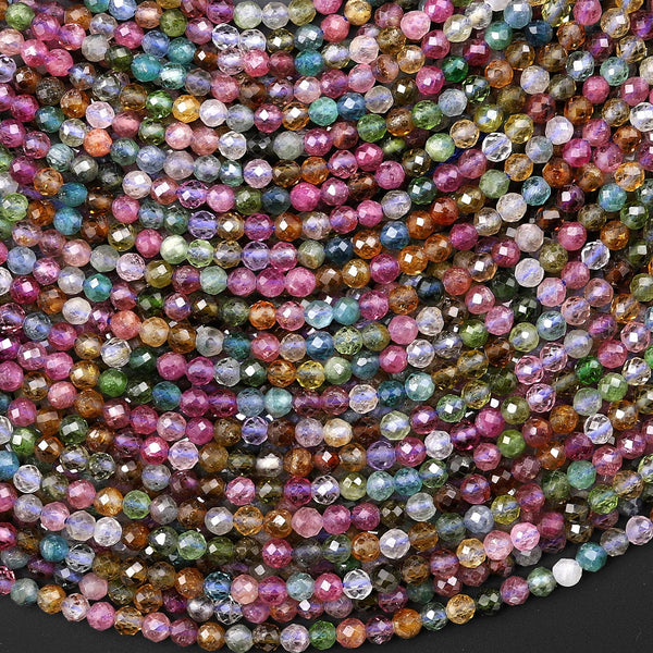 AAA Natural Pink Blue Tourmaline Micro Faceted 2mm 3mm Round Gemstone Beads 15.5" Strand