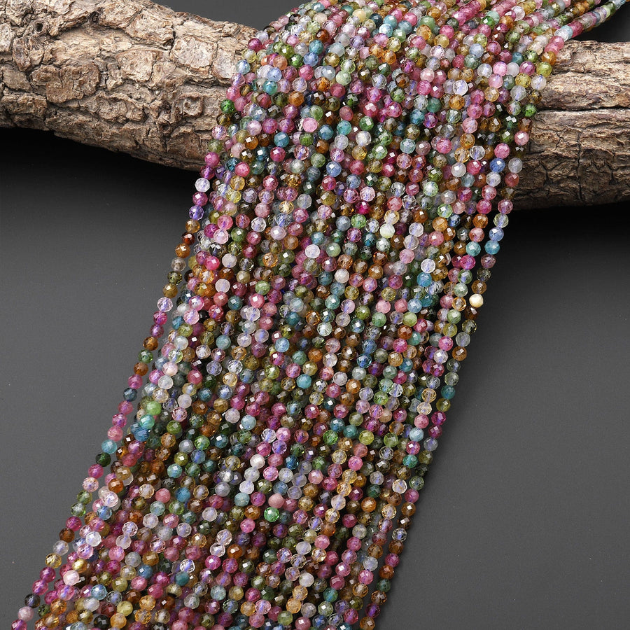 AAA Natural Pink Blue Tourmaline Micro Faceted 2mm 3mm Round Gemstone Beads 15.5" Strand