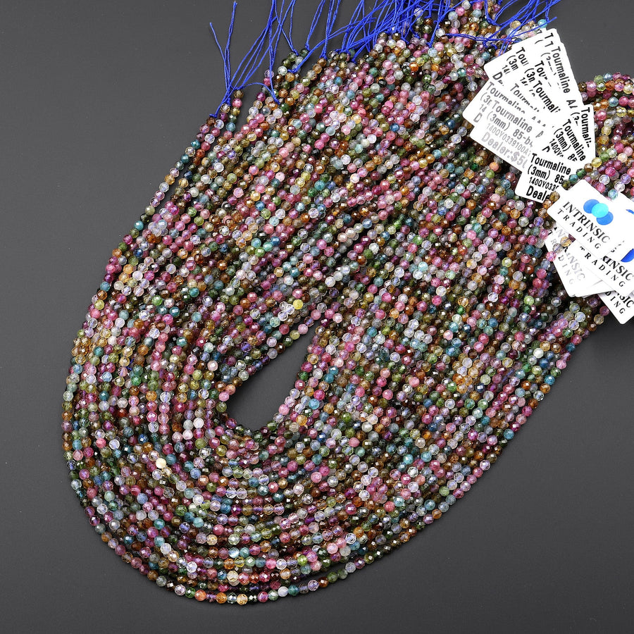 AAA Natural Pink Blue Tourmaline Micro Faceted 2mm 3mm Round Gemstone Beads 15.5" Strand