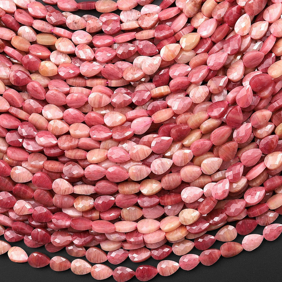 Faceted Natural Pink Petrified Rhodonite Leaf Teardrop Gemstone Beads 4x6mm 15.5" Strand