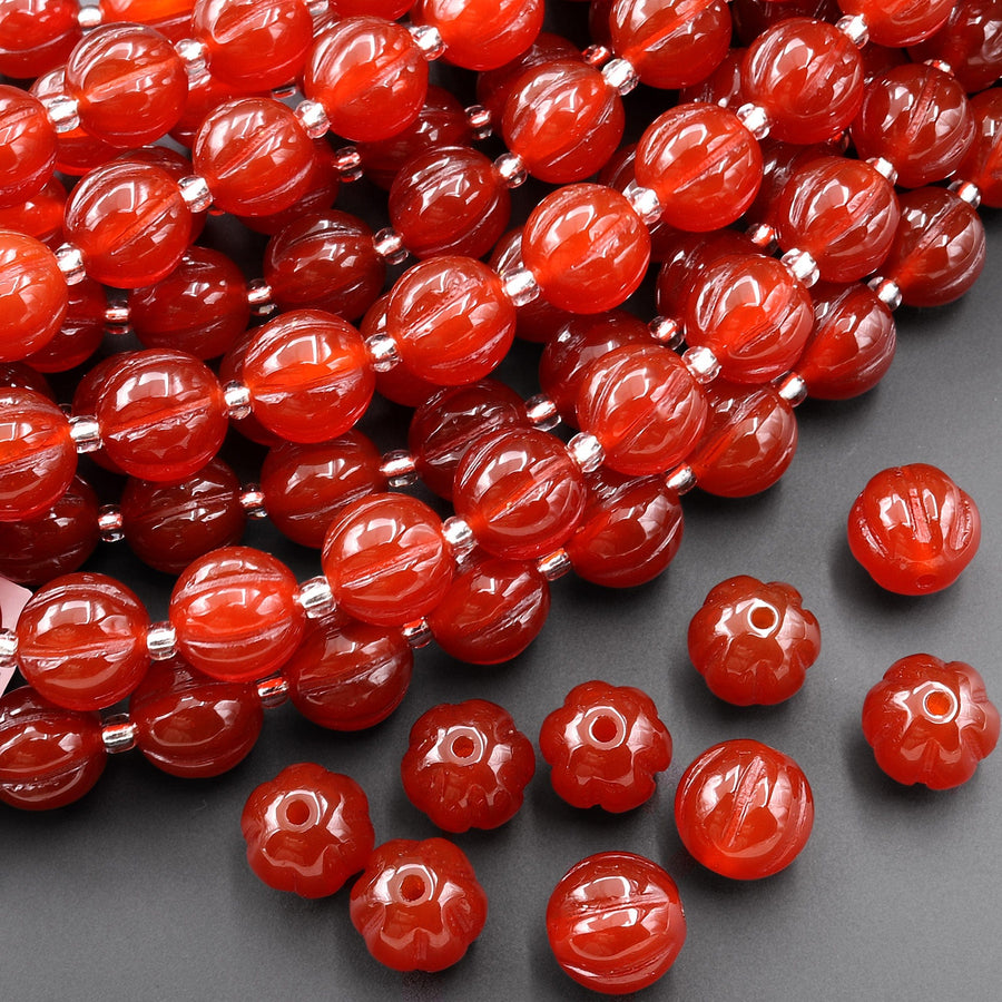 AAA Hand Carved Natural Red Agate 10mm Melon Round Beads 7.5" Strand