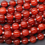 AAA Hand Carved Natural Red Agate 10mm Melon Round Beads 7.5" Strand