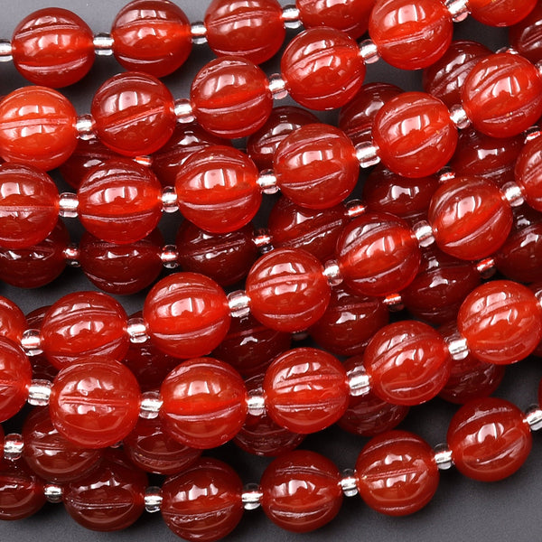 AAA Hand Carved Natural Red Agate 10mm Melon Round Beads 7.5" Strand