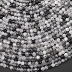 Faceted Natural Black Tourmaline Rutilated Quartz 3mm 4mm Round Beads 15.5" Strand