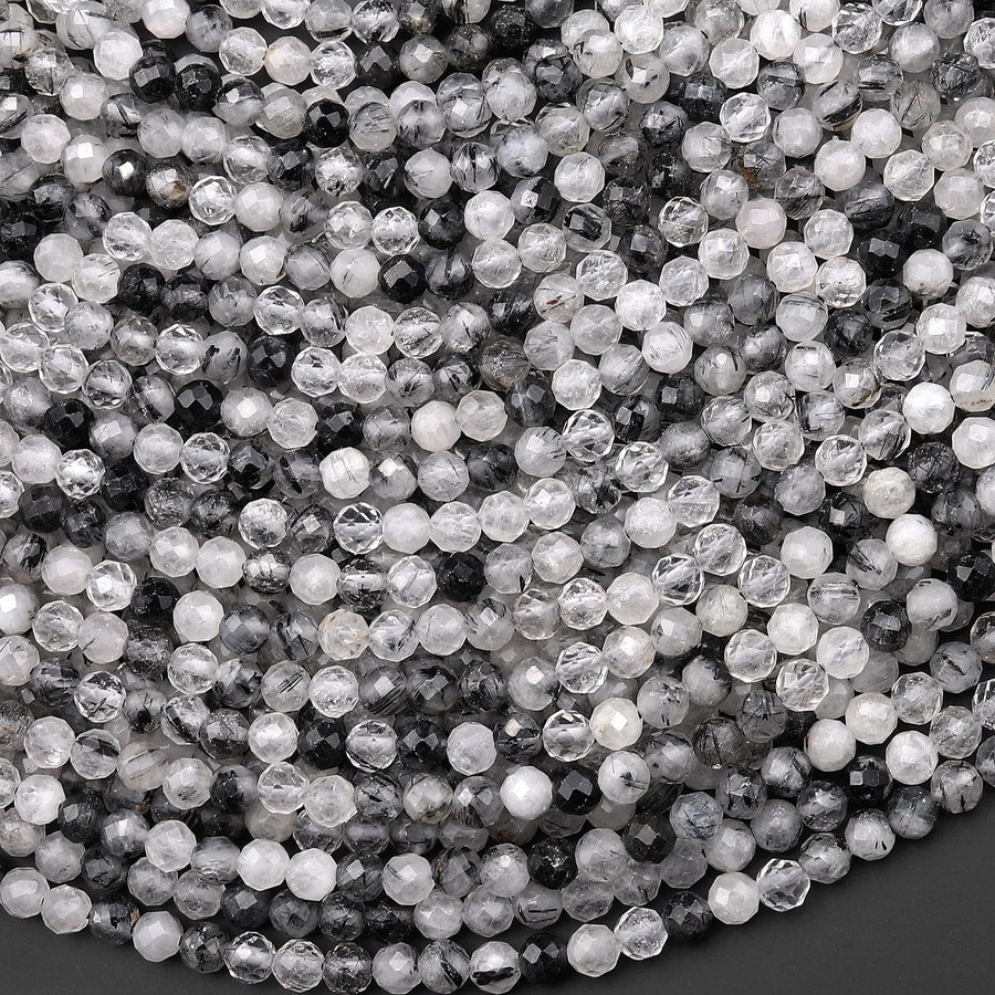 Faceted Natural Black Tourmaline Rutilated Quartz 3mm 4mm Round Beads 15.5" Strand