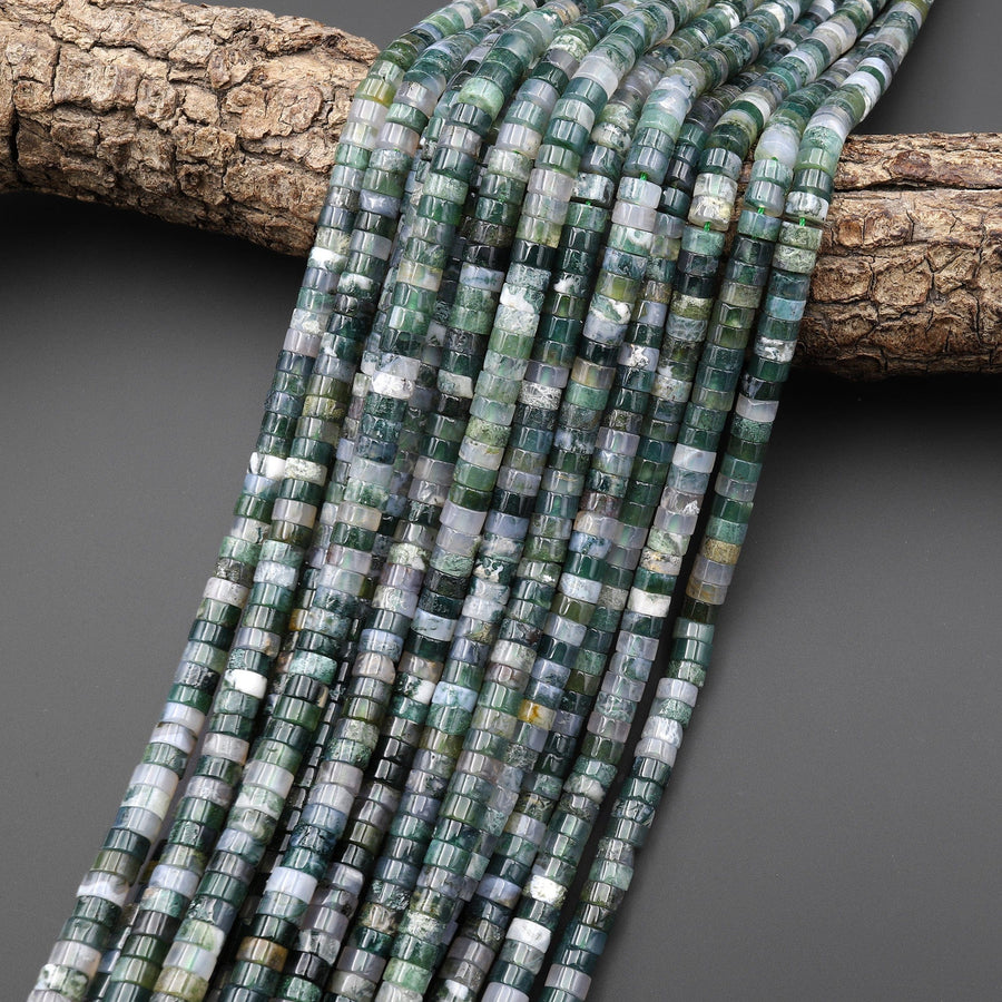 Natural Green Moss Agate 4mm 6mm Heishi Beads 15.5" Strand