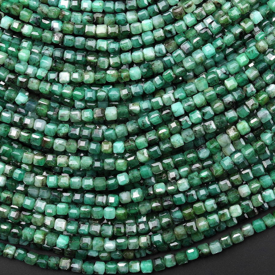 Real Genuine Natural Green Emerald 2mm 3mm 4mm Faceted Cube Beads Dice Square Gemstone 15.5" Strand