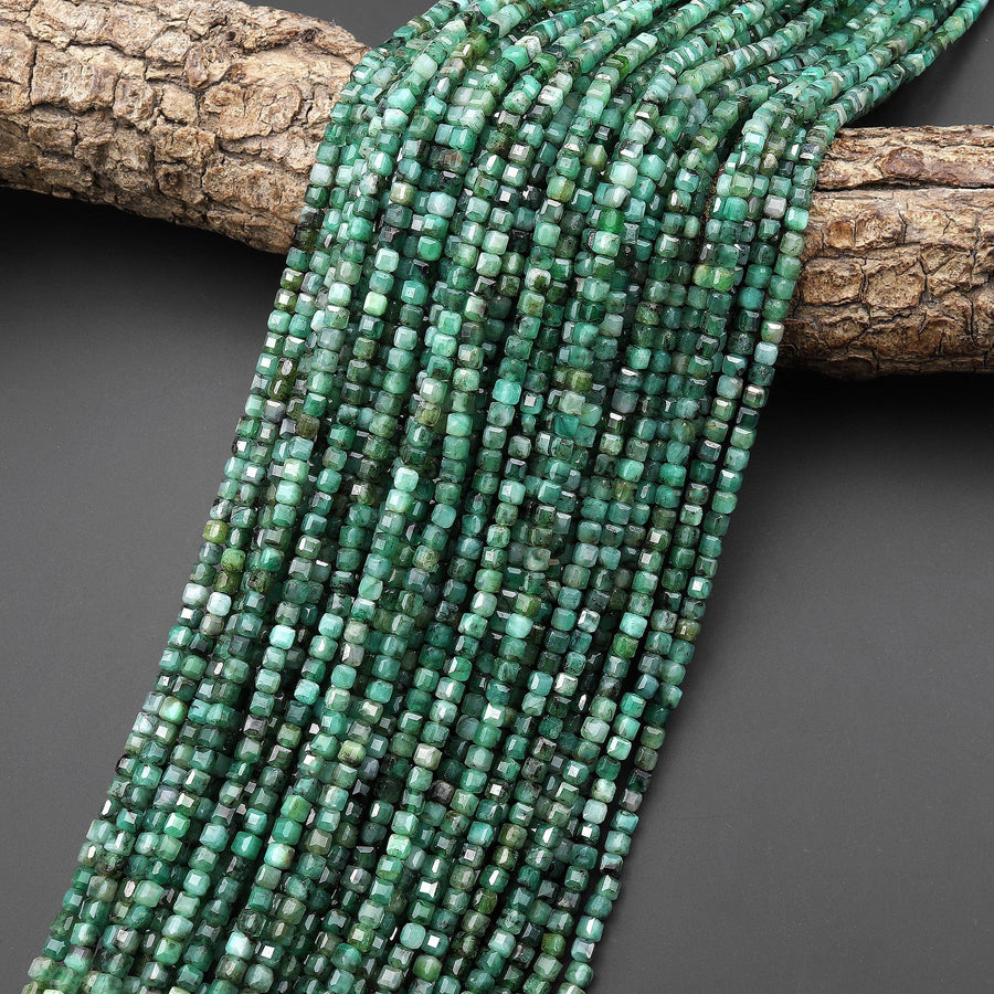 Real Genuine Natural Green Emerald 2mm 3mm 4mm Faceted Cube Beads Dice Square Gemstone 15.5" Strand