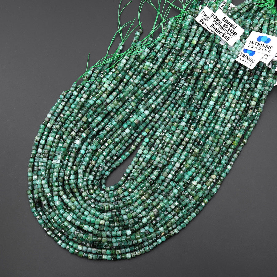 Real Genuine Natural Green Emerald 2mm 3mm 4mm Faceted Cube Beads Dice Square Gemstone 15.5" Strand