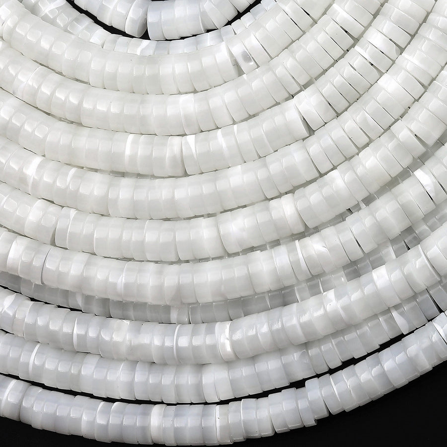AAA Natural White Mother of Pearl 4mm 6mm 8mm 10mm Thin Heishi Rondelle Beads 15.5" Strand
